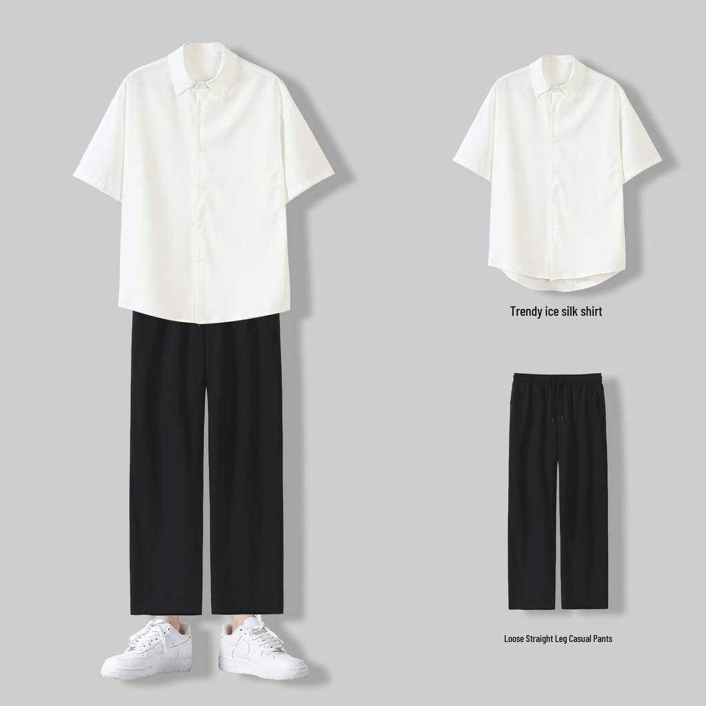 Men's Summer Punk Style Two-Piece Set: Short Sleeve Shirt and Wide-Leg Pants