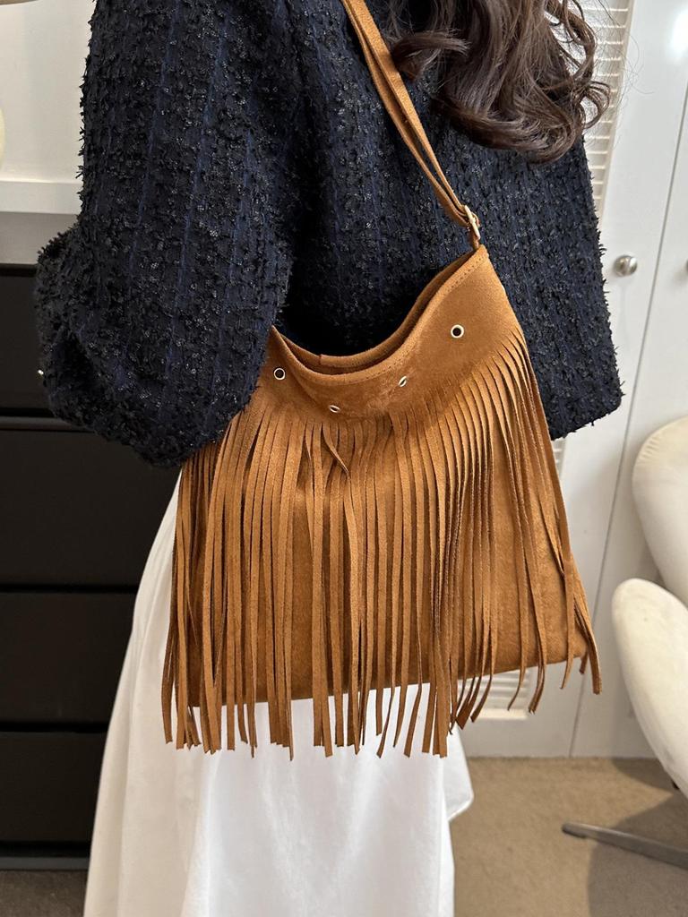 Retro Ethnic Tassel Tote Bag - Large Capacity & Versatile Crossbody for Autumn 2025