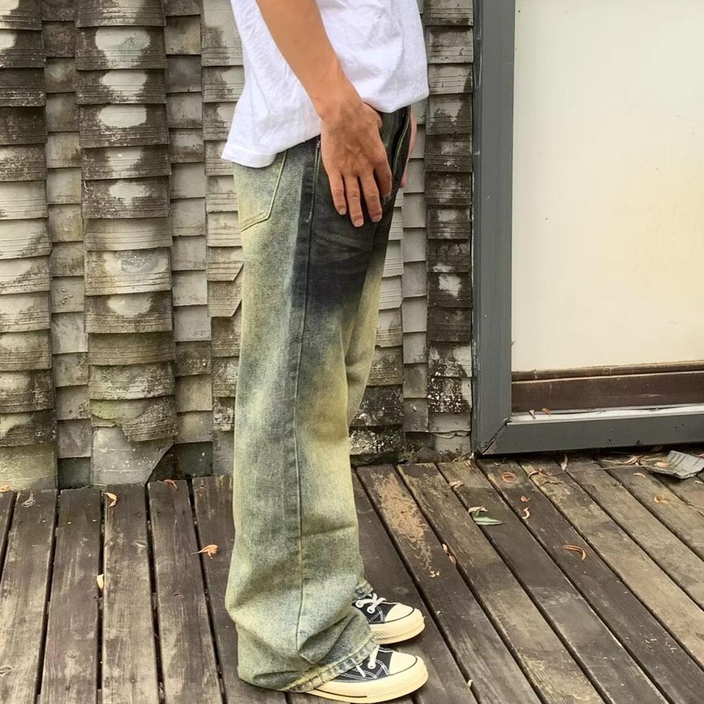 American Retro Jeans Boys Trendy Brand Spring and Autumn Old Pants High Street Vibe Straight Wide Leg Slightly Pulled Pants
