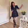 Navy Blue Tweed Blazer Collar Bubble Sleeve Dress with White Buttons