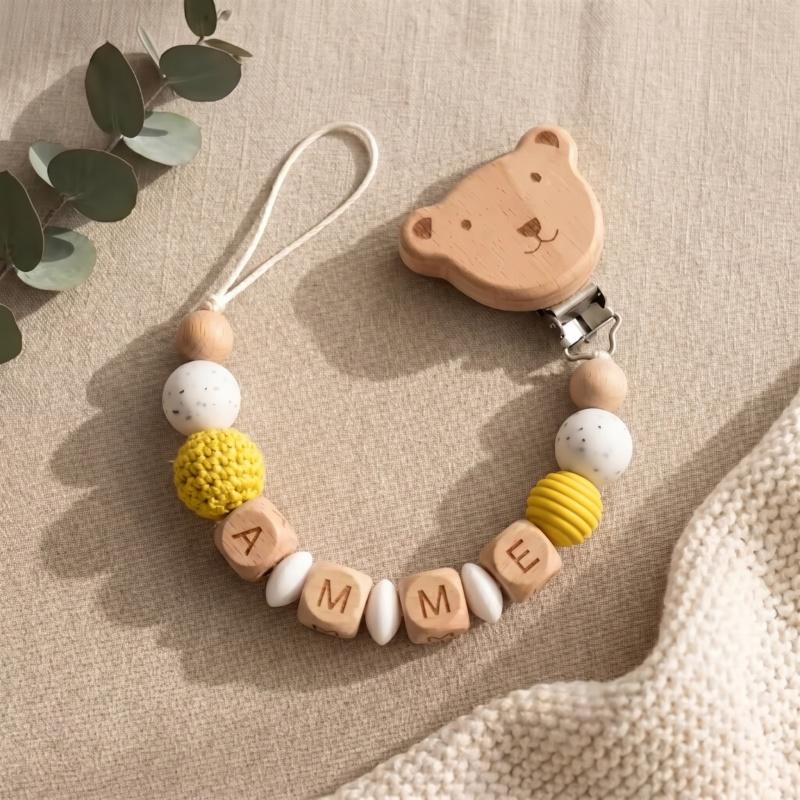 Handmade Personalized Baby Pacifier Clip Custom Name Silicone Teething Beads Holder Beech Wood Soother Chain for Infant Toddler