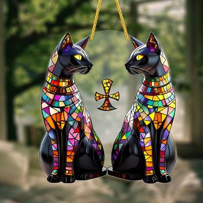 Black Cat Sun Catcher 2D Acrylic Hanging Decoration Stained Glass Style Multicolor Cat Decoration for Room Window Balcony