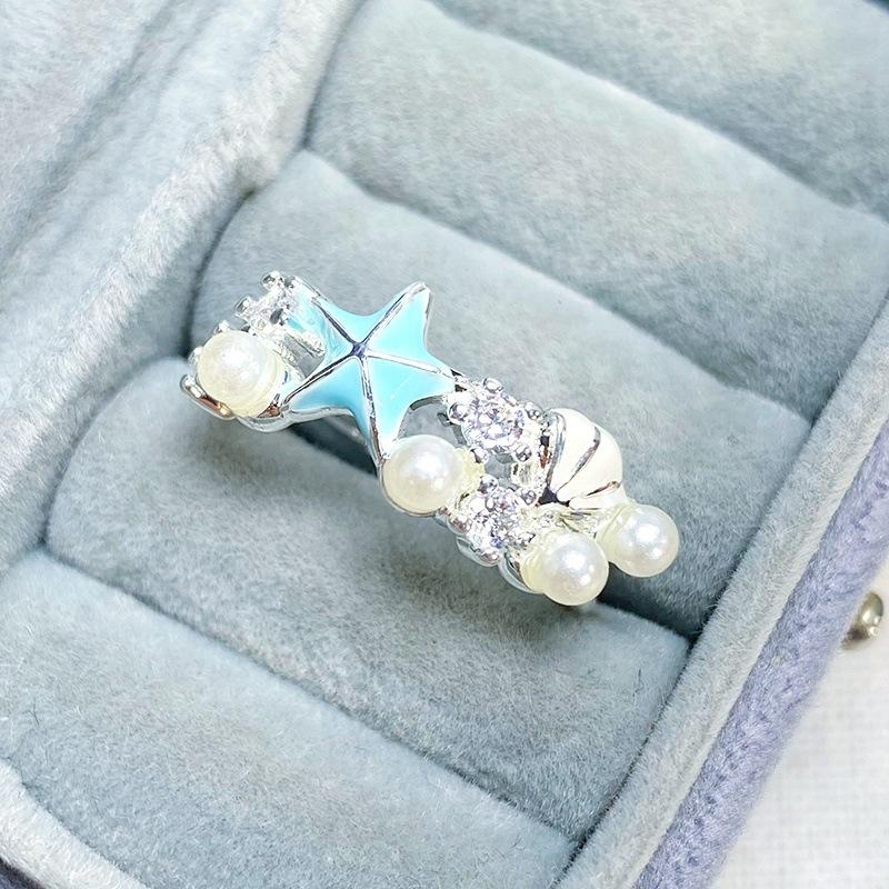 Anello Apribile Stella Marina Fiore Stile Dolce Ragazza Smalto Zircone Moda Donna Anello di Nicchia Raffinato Stile Straniero