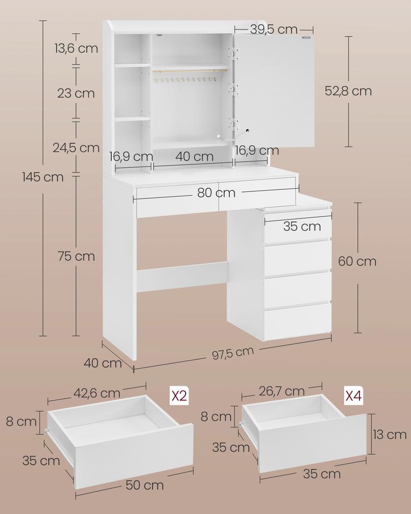 VASAGLE LED Lighting Dressing Table with Adjustable Brightness Dressing Table with Mirror Cosmetic Table with Drawers Open Compartments Adjustable