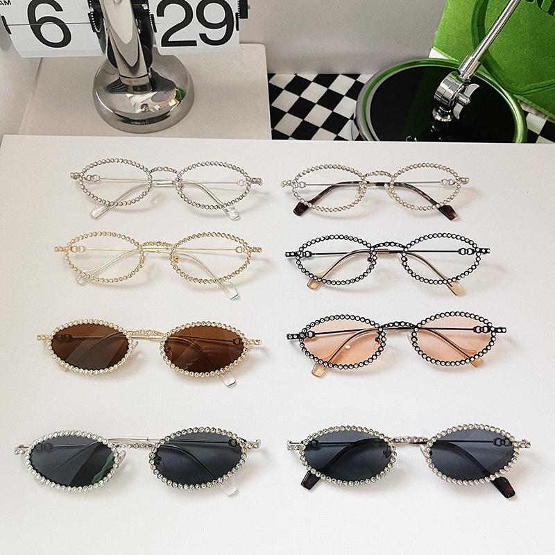 New Style Small Glasses Frame Oval Shape Sun Glasses Women's Full Glasses Frame Decoration Diamond Metal Material Sun Eyeglasses Summer Trend Lady