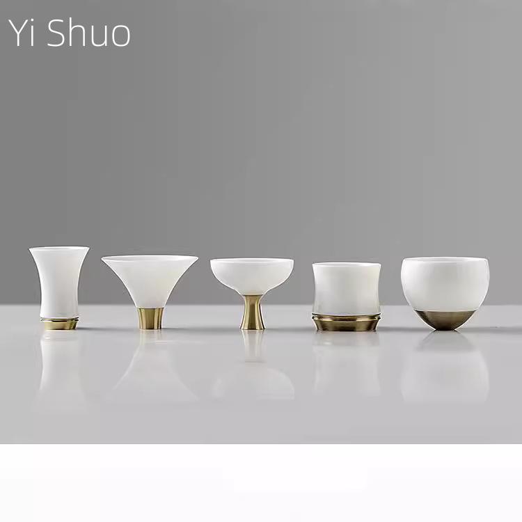 Kung Fu Teacup White Porcelain Copper Foot Tea Cup Master Cup Personal Cup Ceramic Small Teacup Hat Gift