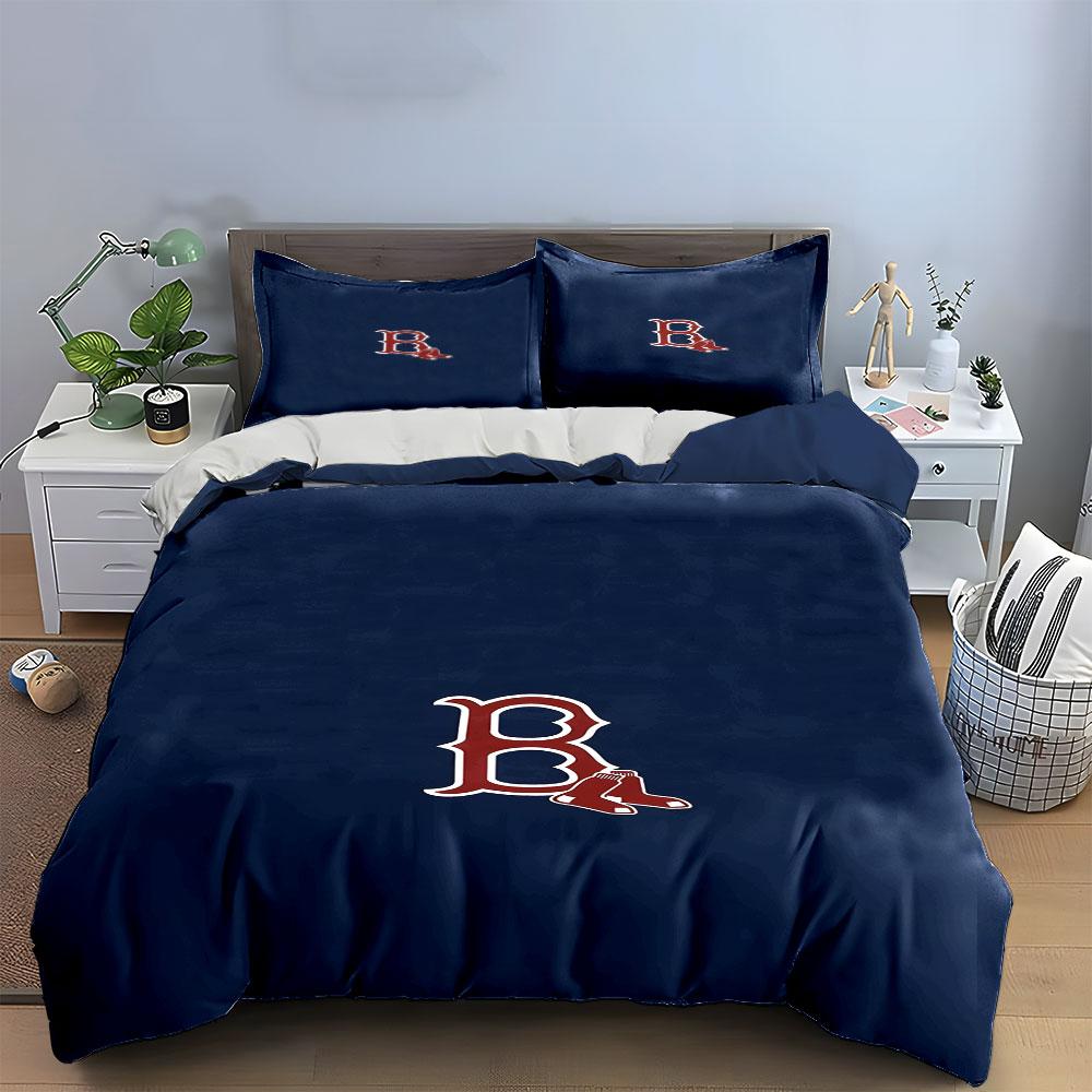 "Red Sox Logo On Navy Blue Background" Print Bedding Set Duvet Cover Pillowcases (1* Duvet Cover 2* Pillowcases Do Not Include Comforter)
