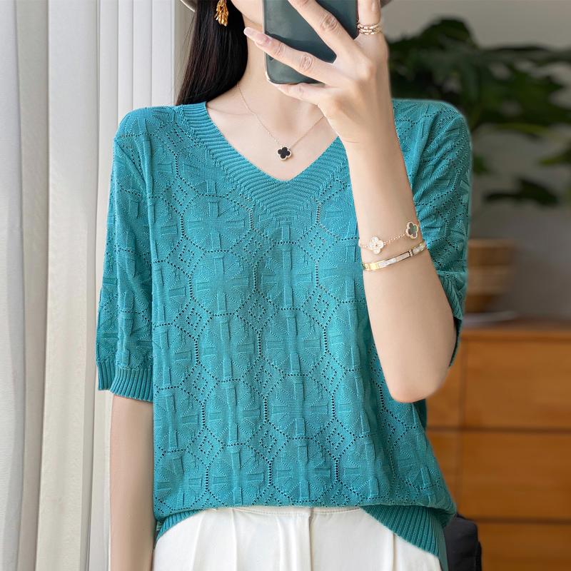 Women Knit T-shirt Summer Knitted Shirt Short Sleeve Tees V-neck Pullover Knit Tops Female