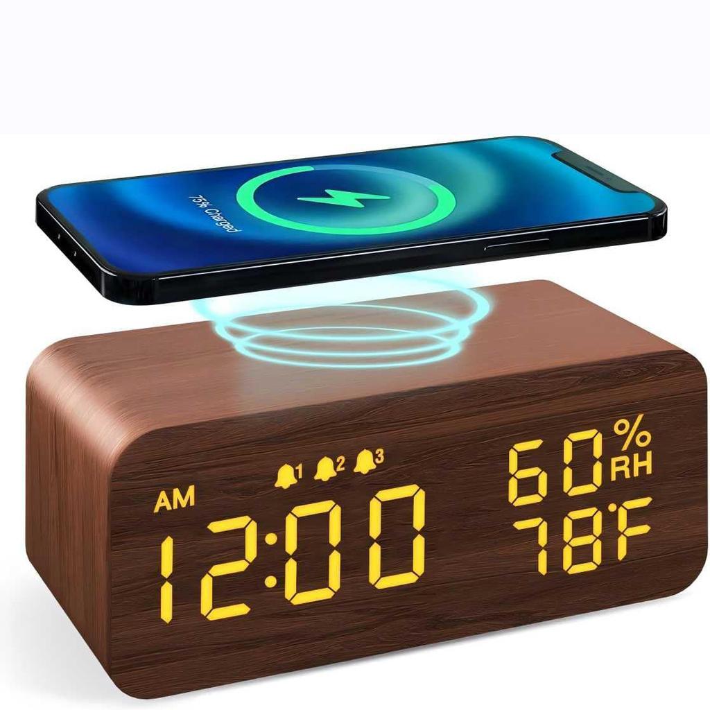 Smart Wooden Alarm Clock with Humidity Wireless Charging Student-specific Digital LED Creative Wooden Clock