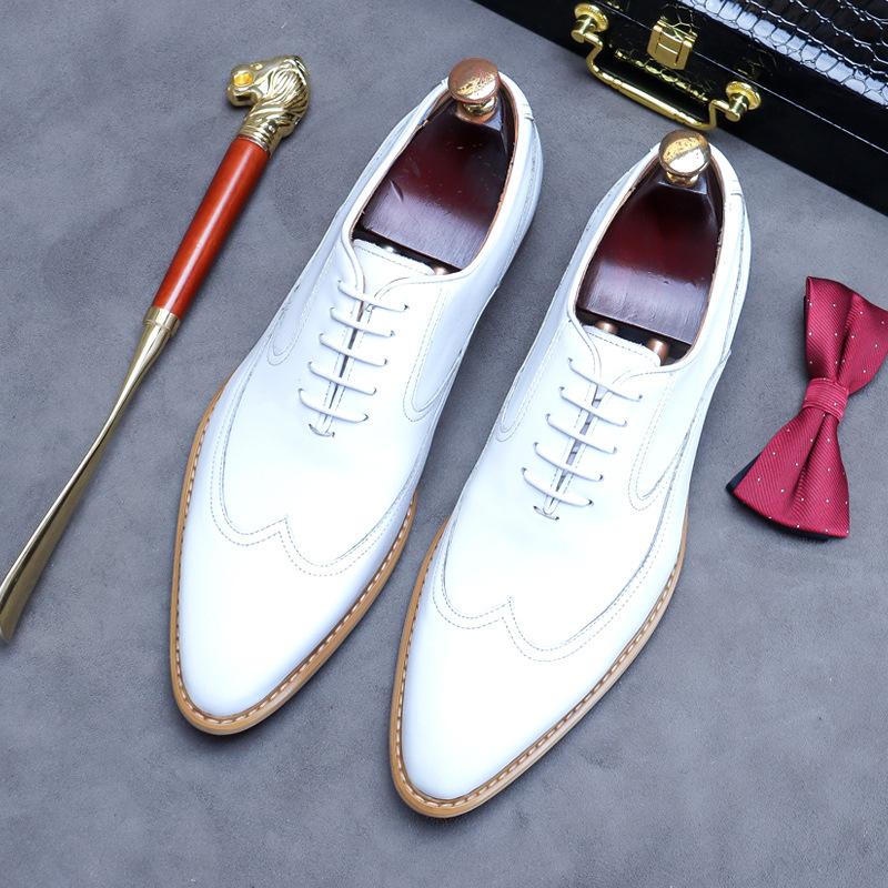 Fashion New White Shoes for Men Leather Shoes Men's Business Dress Breathable Leather Shoe British Lace-up Fashion Wedding Party