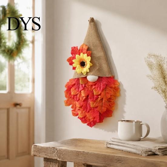 Artificial Fall Harvest Wreath Autumn Gnome Maple Leaf with LED Lights, Rustic Pointed Hat Thanksgiving Decorative Door Hanging, Farmhouse Front Home