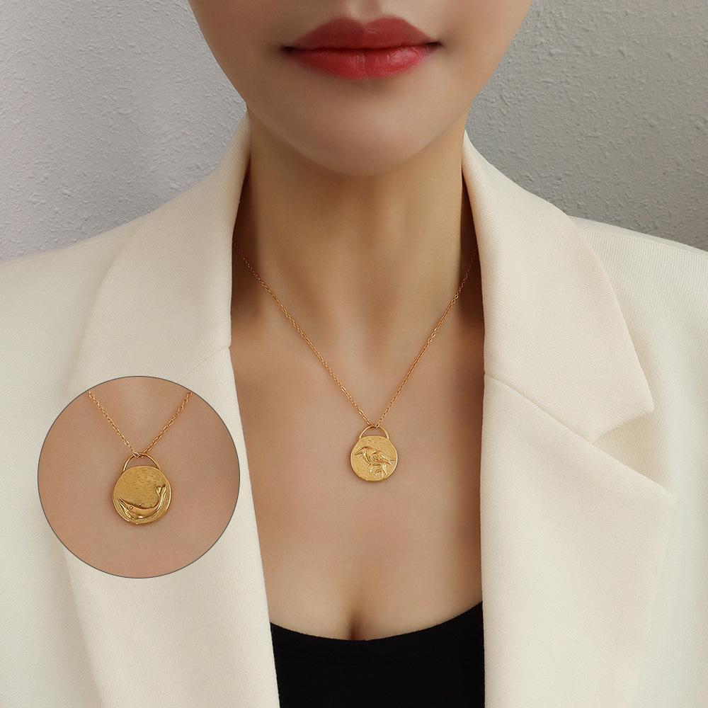 French-Style Seagull & Dolphin Double-Sided Pendant Necklace, 18K Gold-Plated Titanium Steel, Trendy Collarbone Chain