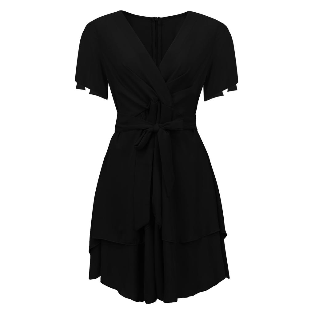 Women's Fashion Casual Color Short Sleeve V-Neck Loose Waist Ruffle Dress