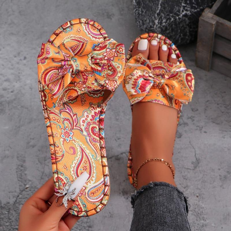 Wear large size summer new slippers flat bottom one word with bow flat heel women's cool slippers
