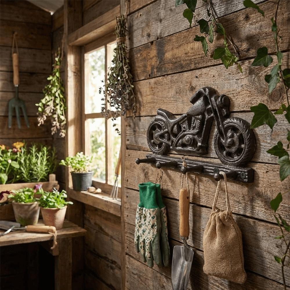 Retro Bicycle Cast Iron Hooks Rust-Proof Space-Saving Wall Mount Key Holder Rustic with 4 Hooks Tool Storage Rack Entryway