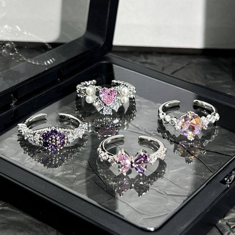 Dream sweet and cool wind butterfly love pink and purple colored diamonds cold wind light luxury open ring women stack and wear high-end rings