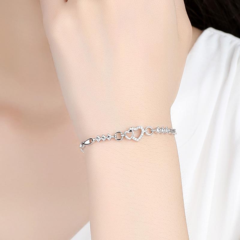 925 Silver Plated Heart Bracelet for Women with Zircon Love Diamond Jewelry Gift Romantic Matching Couple