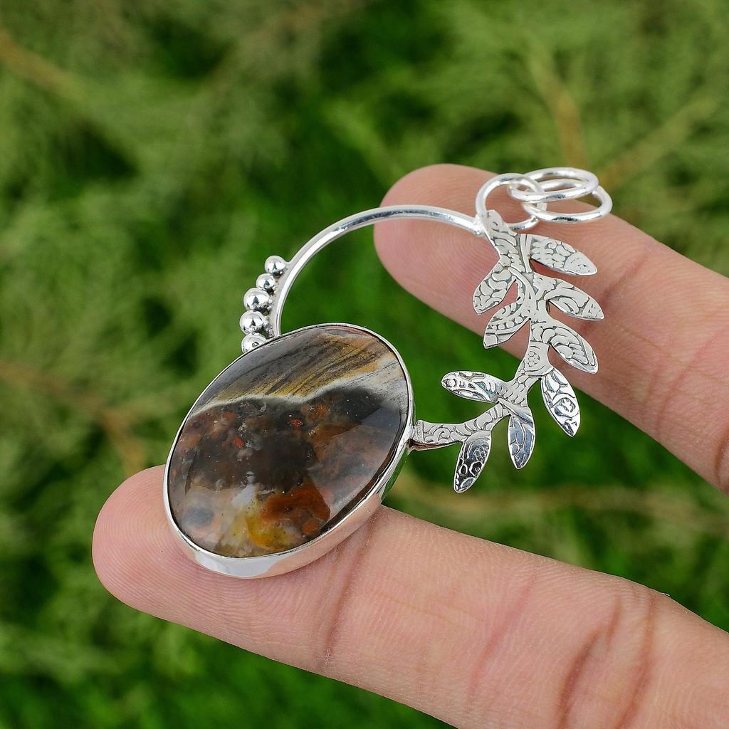 925 Sterling Silver Oval Red Brecciated Mookaite Gemstone Boho Birthday Pendant