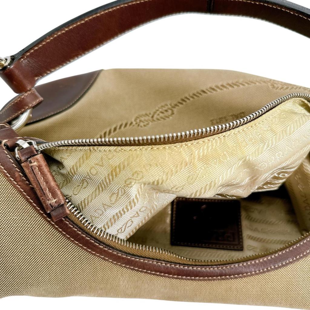 PRADA Logo jacquard Handbag canvas khaki Women BR3423 Used