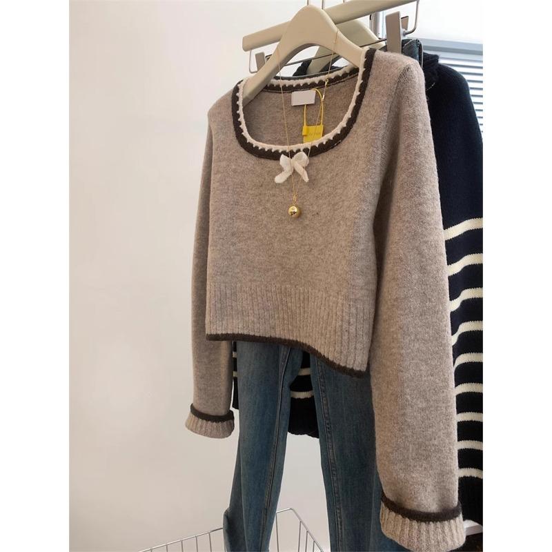 

Женский свитер с квадратным воротником Маяра и коротким бантом, осенне-зимний, маленький внутренний базовый свитер, вязаный свитер XL