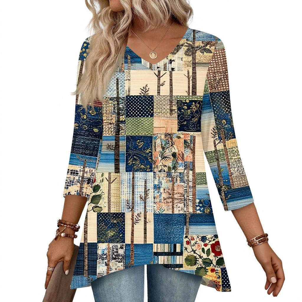 Dámské topy s výstřihem do V a 3/4 rukávem, ležérní košile střední délky, módní tuniky s potiskem