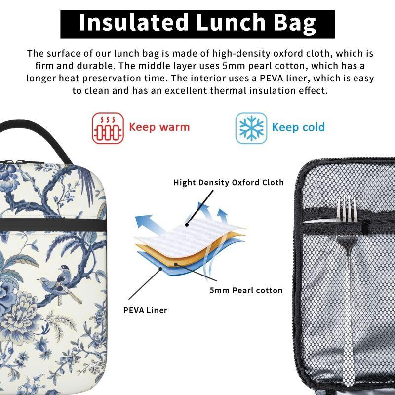 Chinoiserie Insulated Lunch Bag Blue and White Outdoor Bule Birds Flowers Portable Thermal Cooler Oxford Food Bento Tote Bag