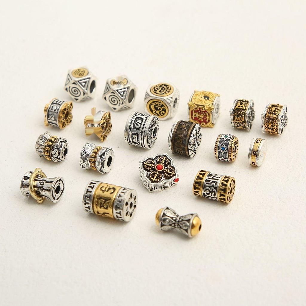 Tibetan Silver Handmade Retro Mantra Beads: Two-Color Swastika Spacer for DIY Cultural Ornaments