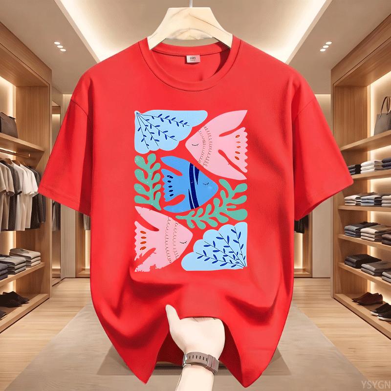 Feng Shui Minimalist Cartoon Printed Tshirt Unisex Unisex Flower Fish Loose Tshirt Casual Cotton Short Sleeved T Shirt Unisex Tops