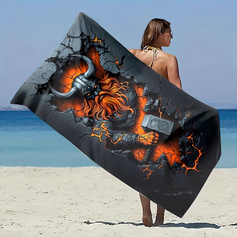 Viking Warrior Beach Towel - Thor's Hammer with Fire & Cracks, Dark Fantasy Design, Quick Dry, Men's Gift Multiple Sizes