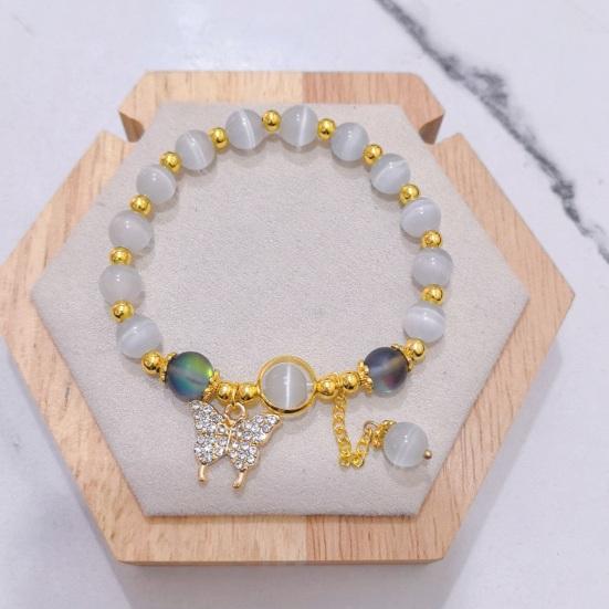 Women Bracelet with Elastic Cord Butterfly Pendant Tassel Faux Opal Contrast Color Good Fortune Symbolization Bestie Birthday Gift Wrist Jewelry