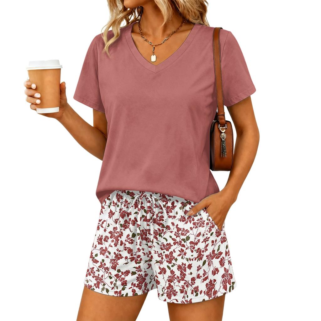 Women Two Piece Set V Neck Short Sleeve Top and Elastic Waist Drawstring Shorts Casual Lounge Wear Summer Pajama Set