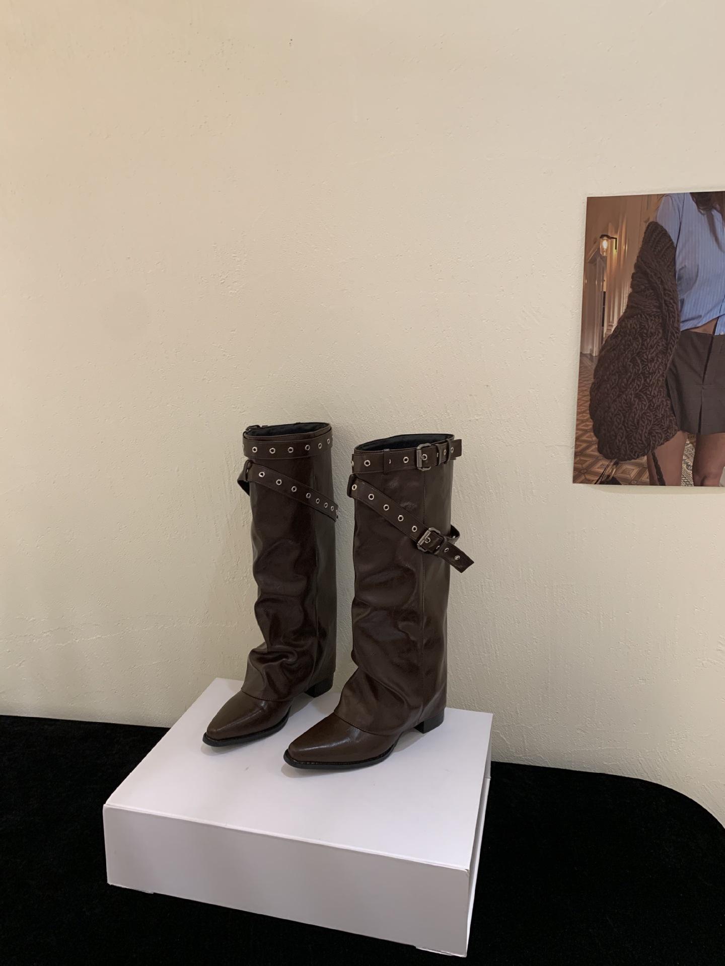 

Western Cowboy Boots Pleated Pile Pile Knight Boots Punk Thick Heel Pointed Pants Boots Belt Buckle Boots 40 коричневый