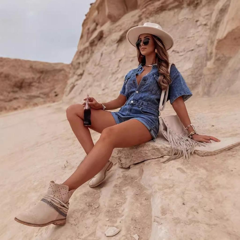 Women's Fashion Casual Lapel Short Sleeve Netflix Style Loose Vintage Denim Pencil Pants Shorts Commuter Jumpsuit