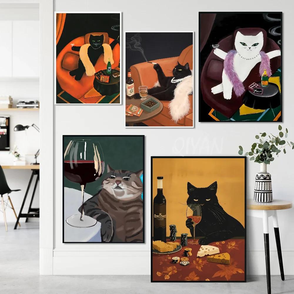 1PC Funny Black White Cats Red Wine Poster Poster Print Home Living Room Bedroom Entrance Bar Cafe Art Canvas Painting Decor