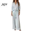 French Style Clothing Women Loose Casual Shirt Pants Set, Button Down Collar & Wide Summer Lounge Sets Leg Pants, Solid Color Matching Two Piece