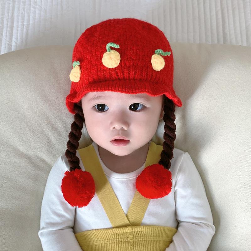 Knitted Princess Hat Cute Cartoon Cherry Wig Braid Winter Ear Protection Warm Windproof Hat For Party