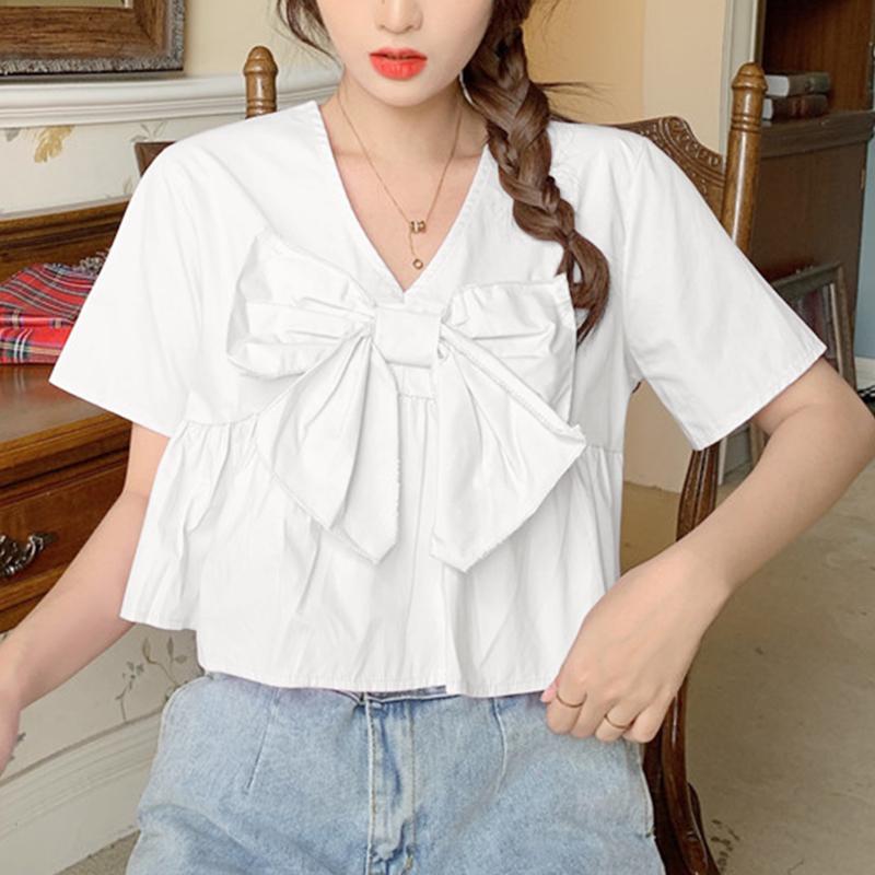 VONDA Womens Summer V-Neck Short Sleeve Tie Blouses
