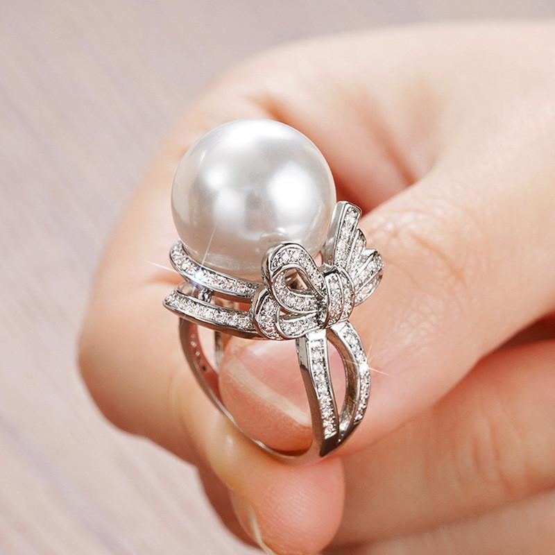 925 Sterling Silver Cubic Zirconia Bow Pearl Rings for Women Engagement Wedding Luxury Trendy New Female Rings