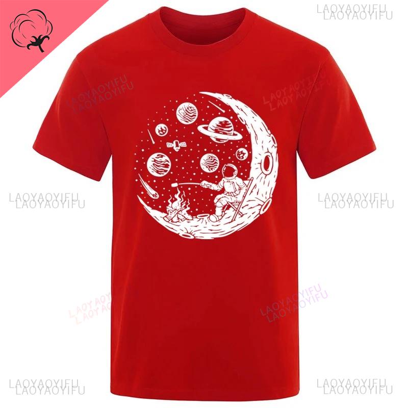 Funny Astronaut Moon Barbecue Print Unique Casual Loose Cool Men Oneck Streetwear Harajuku Allmatch Aesthetic Tshirt Tops