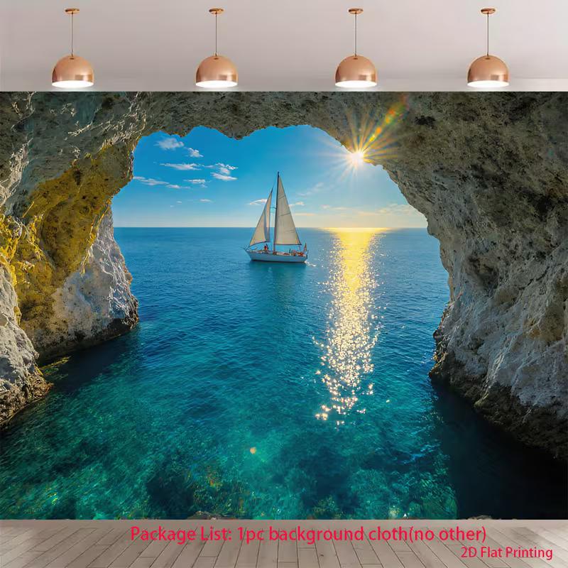 

2D Mediterranean Sea View Backdrop 2D Flat Print Rock Cave Opening with Sailboat Background Banner 47.2x31.5inch/120*80cm