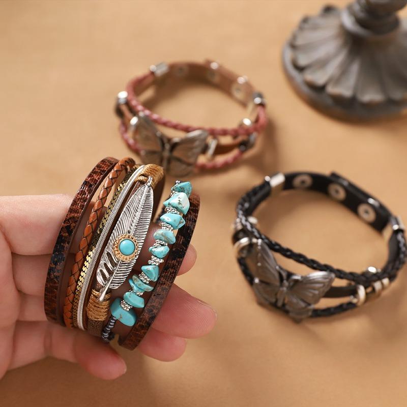 Vintage Maillard Wasteland Wind Cowhide Stacked Bracelet Bohemian Exotic Bracelet Medieval Accessories Women