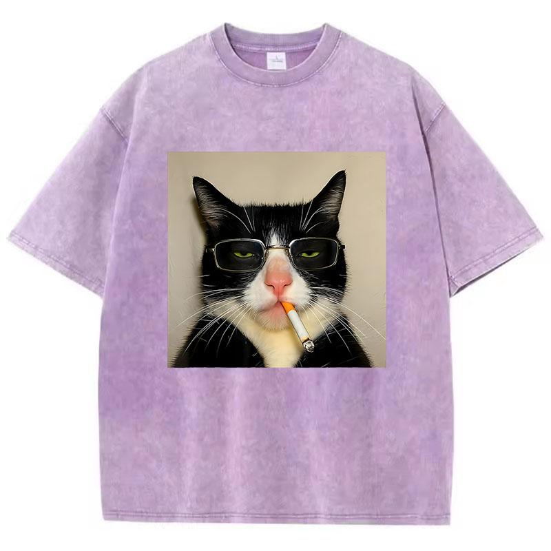 Oversize Cool T Shirt Vintage Washed Cotton T-Shirt Hip Hop Smoking Cat Graphic Tee Casual Streetwear Spring Summer