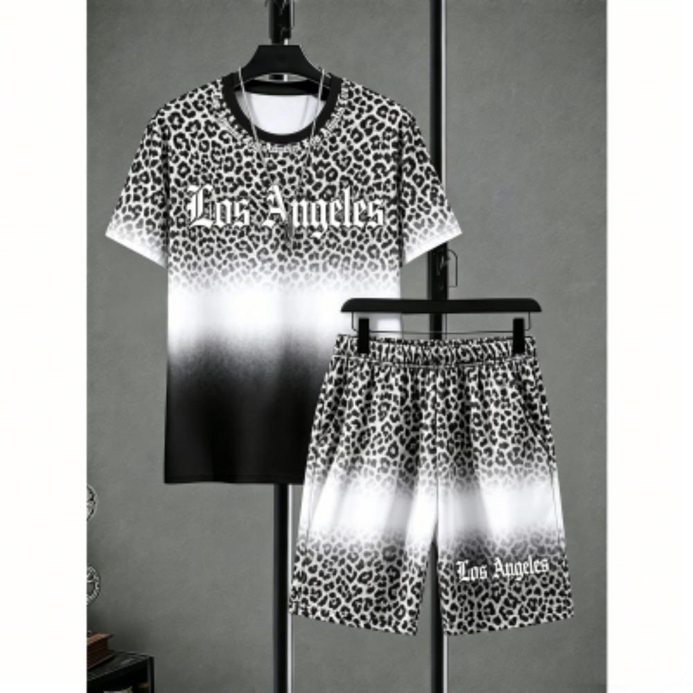 Fun Men's Set Leopard Printed Men's T-shirt and Shorts 2 Piece Set Summer Casual Outdoor Plus Size Men's and Women's T-shirt Sets