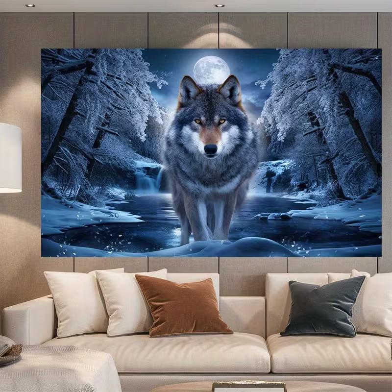 2D Winter Grey Wolf Backdrop Moonlit Snow Forest Waterfall Nature Photography Background