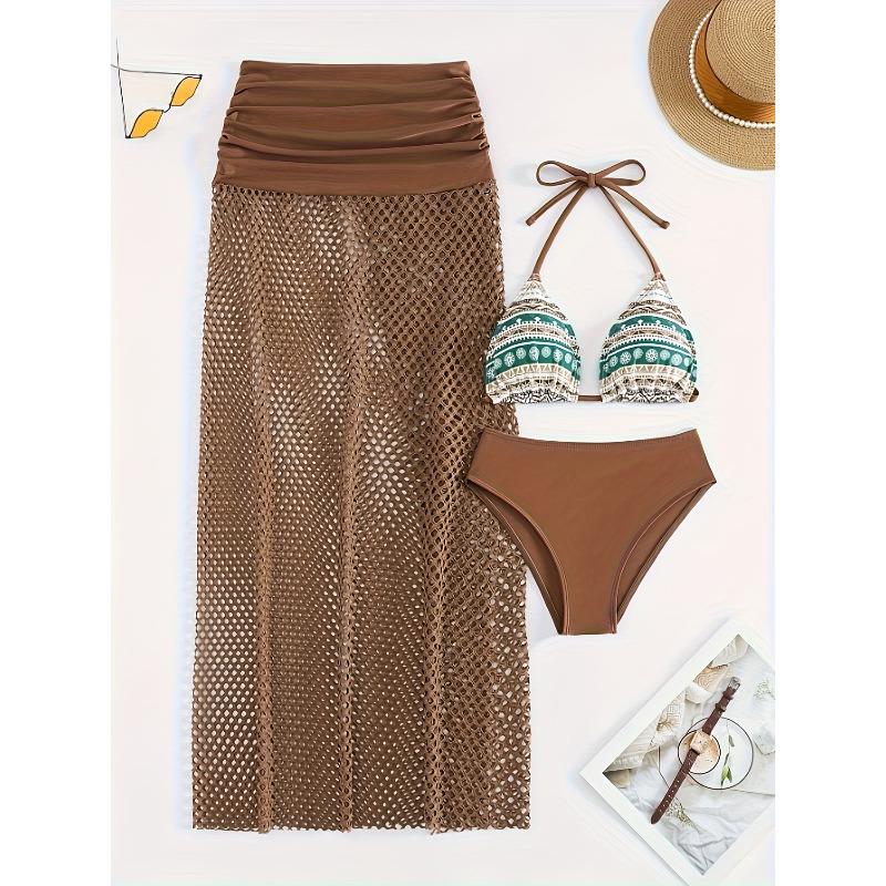 Hollow-Out Three-Piece Bikini Set with Skirt, Women s Swimwear S хаки