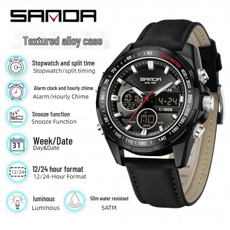 Sanda Men's Waterproof Dual Display Multi-Function Watch with Timer, Snooze, and Night Light.