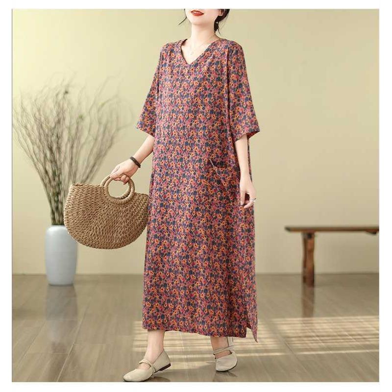 Literary Retro Vacation Style Travel Dress Plus Covering Flesh Skinny V-Neck Long Dresses
