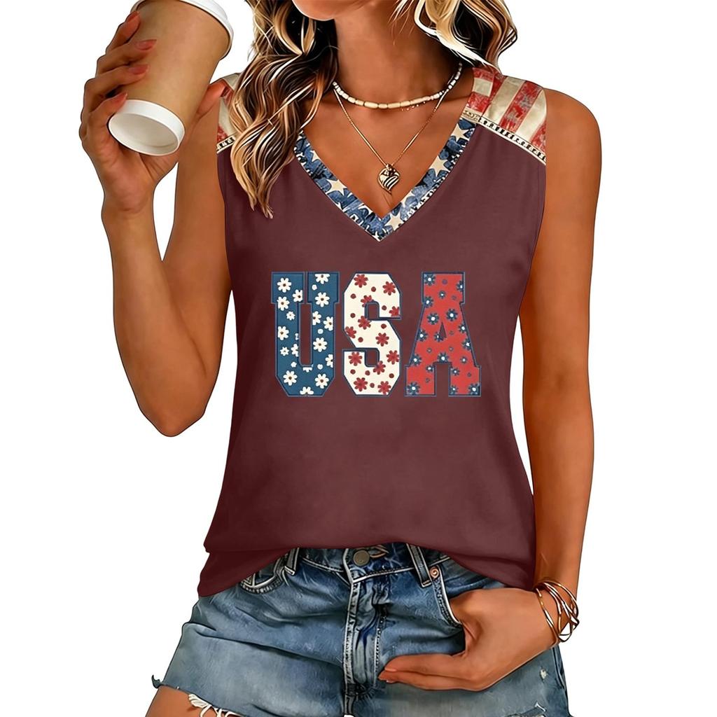 Women's V-Neck Casual Top with Patriotic Independence Day Print