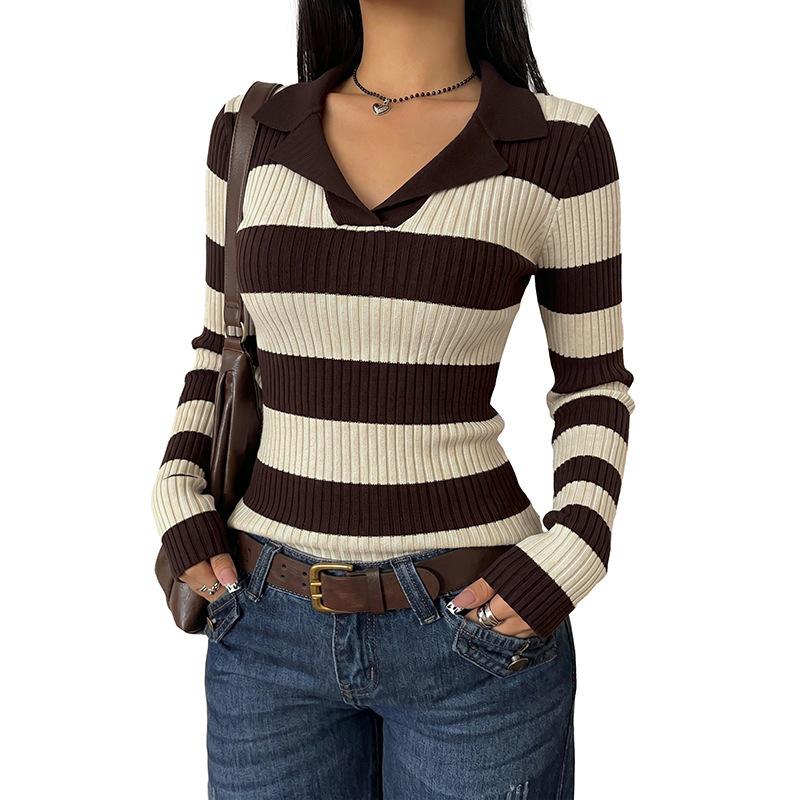 2026 Autumn/Winter Women's Retro Striped Knitted Long Sleeve Sweater with Lapel