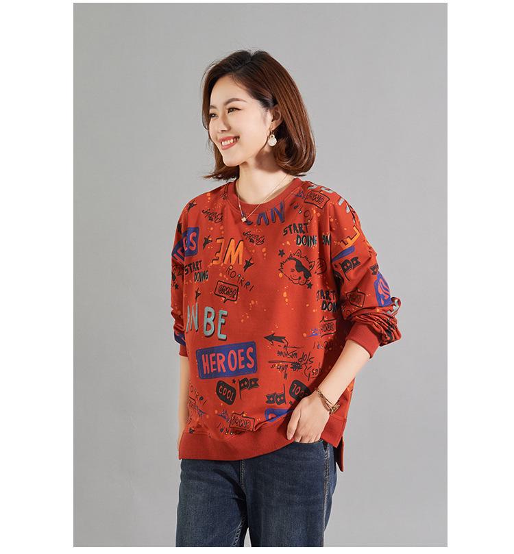 Clearance Spring Loose Fit Round Neck Print T-shirt for Middle-Aged and Elderly Women - Pure Cotton Slimming Sweatshirt
